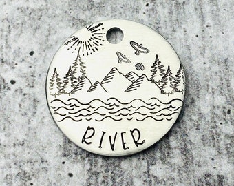 Medium Size Mountain River Pet ID Tag - Dog ID Tag - Cat ID Tag - Hand Stamped Pet Tag - Personalized Pet Tag - Pet Accessories