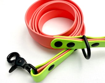 BioThane Waterproof Dog Leash - Vegan Leather Dog Leash - Standard 5 Foot Length - Two Tone Dog Leash - Watermelon - Coral/Lime