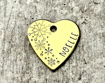 Snowflake Heart Pet Tag, Winter, Christmas, Hand Stamped, Custom, Personalized, Cat ID Tag, Dog Tag, Pet Gifts, Pet Accessories