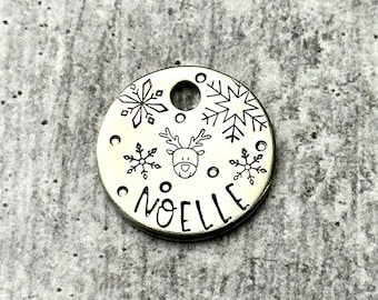 Small Christmas Pet Tag, Winter, Snowflake, Reindeer, Hand Stamped, Personalized, Pet Gifts, Pet Accessories, Holiday Pet tag