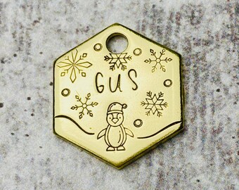 Small Holiday Penguin Pet Tag, Personalized, Hand Stamped, Christmas Pet Tag, Cat Pet Tag, Pet Accessories, Pet Gifts, Small Dog Tag, Winter