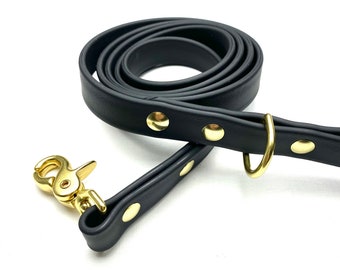 BioThane Waterproof Dog Leash, Vegan Leather Dog Leash, BioThane Dog Lead, Standard 5 Foot Length, Solid Brass Hardware - Black Color