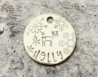 Winter Fawn Pet Tag, Personalized Pet Tag, Dog ID Tag, Cat ID Tag, Pet Accessories, Hand Stamped, Snowflakes, Winter, Christmas, Deer