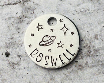 Small UFO Pet ID Tag - Cat ID Tag - Small Dog Tag - Personalized Pet Tag - Hand Stamped Pet Tag - Custom Pet Tag - Pet Accessories