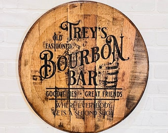 Laser Engraved Bourbon Barrel Lid: Rustic Home Bar Decor