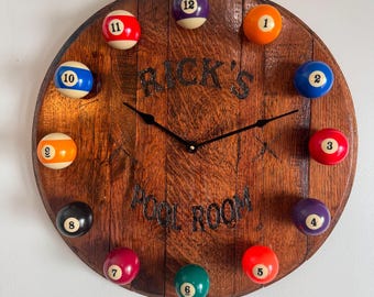 Rustic Bourbon Barrel Lid Pool Ball Clock: Billiards Room Decor