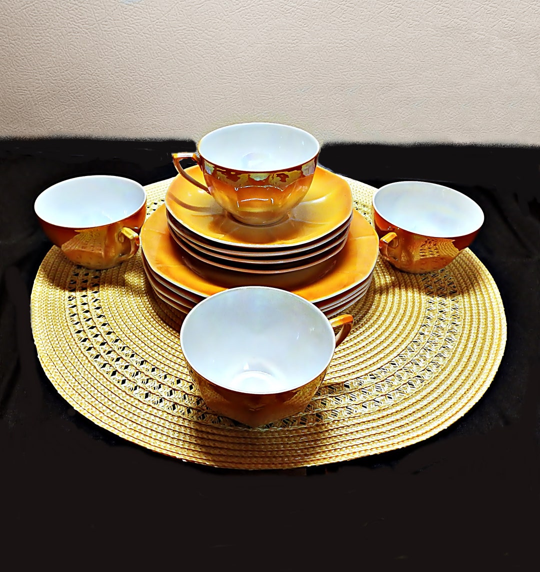 Set of Victoria China Czechoslovakia, Orange Lusterware in Fine Bone