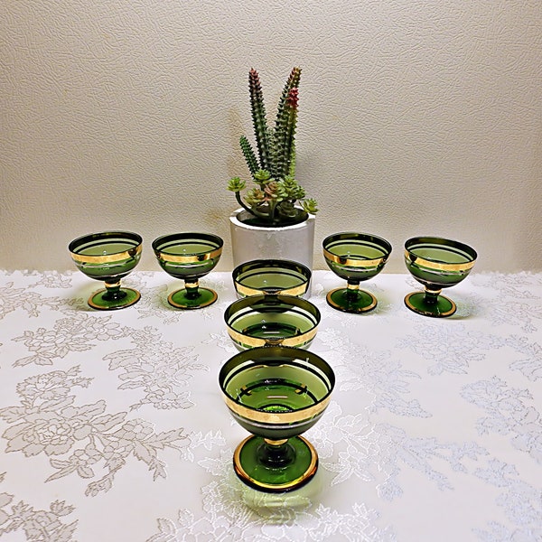 Gold Gilded Cordial Glass Set, Liquor Glasses or Green Glass Goblets beautiful Retro Glassware