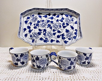 Demitasse set of blue and white porcelain with small porcelain cups on a porcelain tray a great espresso cup set or demitasse tea cups