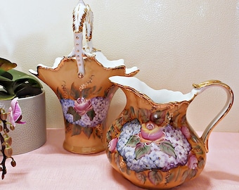 Hydrangea Vase,Pitcher Vase Vintage,Matching Table Decor,Porcelain Pitcher,Porcelain Basket,Porcelain Table Set