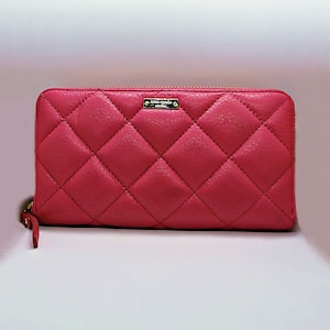 Carteras Kate Spade, Cartera de diseñador larga, Cartera de cuero rosa, Cartera acolchada para mujer, Kate Spade auténtica, Cartera tipo clutch para mujer