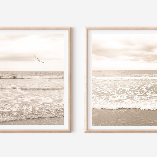 Sepia beach photo prints| set of 2 prints| coastal beach waves prints| Boho beach set| shipped beach photos