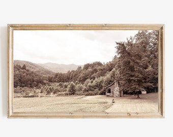Illustration pour téléviseur Samsung Frame | cabane en montagne| sépia| ferme campagne| Great Smoky Mountains en Caroline du Nord| paysage naturel sépia | Cadre pour la télévision