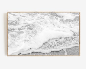 Samsung Frame TV Art, black and white coastal ocean waves, beach instant digital download