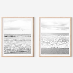 black and white Coastal beach| set of 2 prints| beach shore wall art prints| beach waves photography| Boho photography| Shipped photos