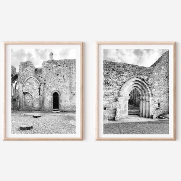 black and white Ireland wall art| historical ruins| architecture stone buildings| set of 2 photos| Boho prints| black and white photography