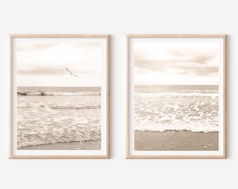 Neutral Beach Photo Prints set, Bird & Waves art, boho coastal photography