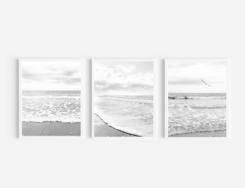 Black and White Beach Waves Art Prints, Set of 3, Boho Coastal Wall Art ...