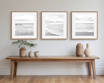 May include: Three framed black and white beach prints with wooden frames are displayed above a wooden bench. The prints depict ocean waves and a seagull. Decorative vases and greenery are on the bench.
