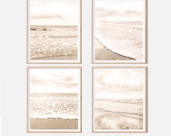 Sepia coastal beach photos| Boho beach waves prints| neutral beach wall art gallery| set of 4| ocean landscape prints| shipped photography