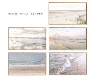 Ensemble d’art Samsung Frame TV, ensemble de plage blush, rivage côtier neutre, vagues de plage, art TV cadre, téléchargement numérique
