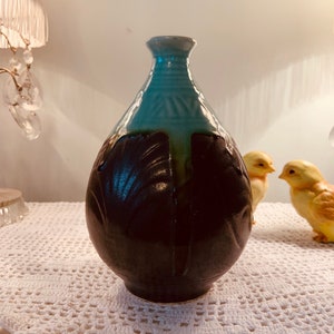 Handthrown Turqouise and Brown Etched Vase