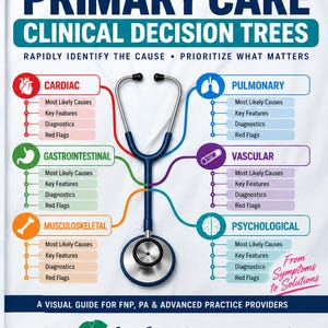 Peut inclure: Un tableau d'arbre de décision clinique intitulé Primary Care Clinical Decision Trees avec un stéthoscope bleu au centre. Il présente six catégories médicales codées par couleur : cardiaque, pulmonaire, gastro-intestinale, vasculaire, musculo-squelettique et psychologique, avec des sections pour les causes, caractéristiques, diagnostics et signaux d'alerte.