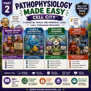 May include: A colorful educational infographic titled Pathophysiology Made Easy Part 2 Cell City. It features cartoon characters representing biological processes like wound healing, fluids, electrolytes, acid-base disorders, and shock with text.
