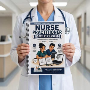 May include: A spiral-bound Nurse Practitioner Board Review Guide for 2026-2027. The cover features the title, illustrations of two medical professionals, a laptop, a notebook, and a coffee mug. Text includes Learn Smarter, Think Clinically, Pass With Confidence, Clinical Mastery, Board Essentials, and The Ultimate FNP Board Pass.