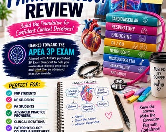 Op de afbeelding: Een APEA 3P Pathophysiology Review educatief hulpmiddel met een stapel kleurgecodeerde studieboeken met de labels Cardiovascular, Respiratory, Endocrine, GI/GU, Neurologic, Musculoskeletal en Hematology, een hartmodel, stethoscoop en een notitieblok.