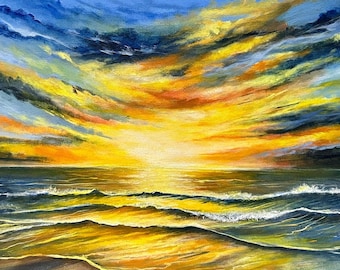Original Seascape Acrylic Painting on Canvas: Sunset Landscape Wall Art