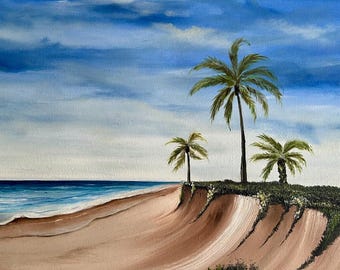Dipinto originale ad olio su tela raffigurante un paesaggio marino, 16x20 cm, raffigurante una spiaggia tropicale.