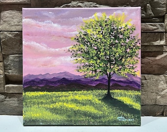 Acrylic Painting, Landscape, 10x 10, Canvas Art, Nature, gift, Decor, Wall Art, Canvas, Pink Sky, Small, mountains, Living Room Art