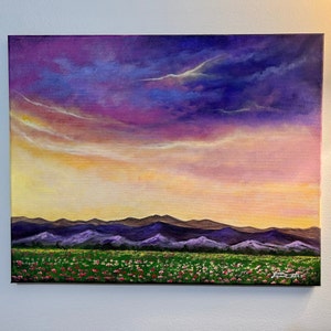Hand-Painted Acrylic Landscape: Colorful Sunset Mountain Canvas Art (16x20)