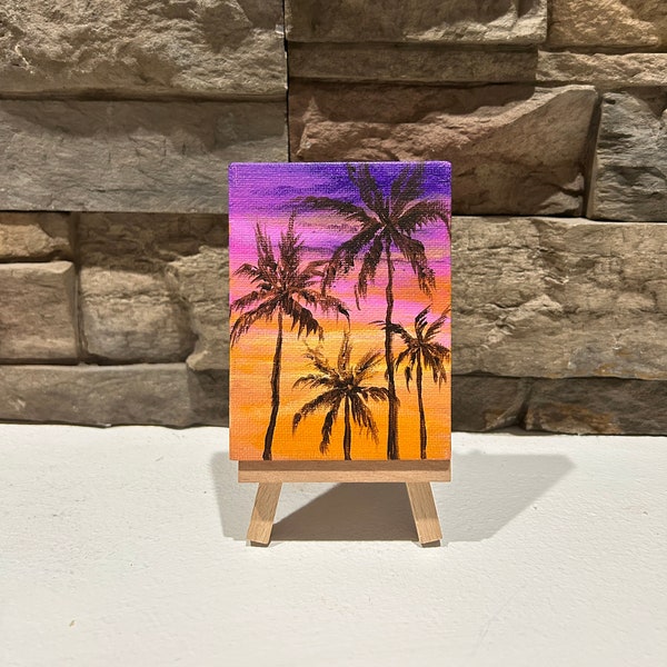 Mini Painting, Acrylic Painting, Palm Trees, Landscape, Tropical, Nature, Sunset, Miniature, Decor, 3x4 Painting, Art, Hand Painted, Tiny