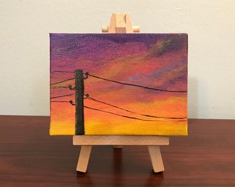 Nature mini canvas painting 4inch x 4inch. sunset and tree Original acrylic mini canvas