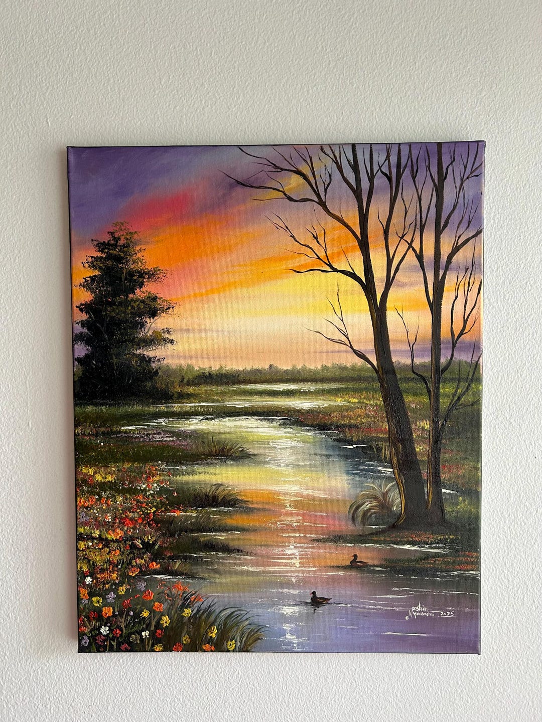 Sunset Landscape Oil Painting on Canvas - 16x20 Hand Painted Wall Art ...