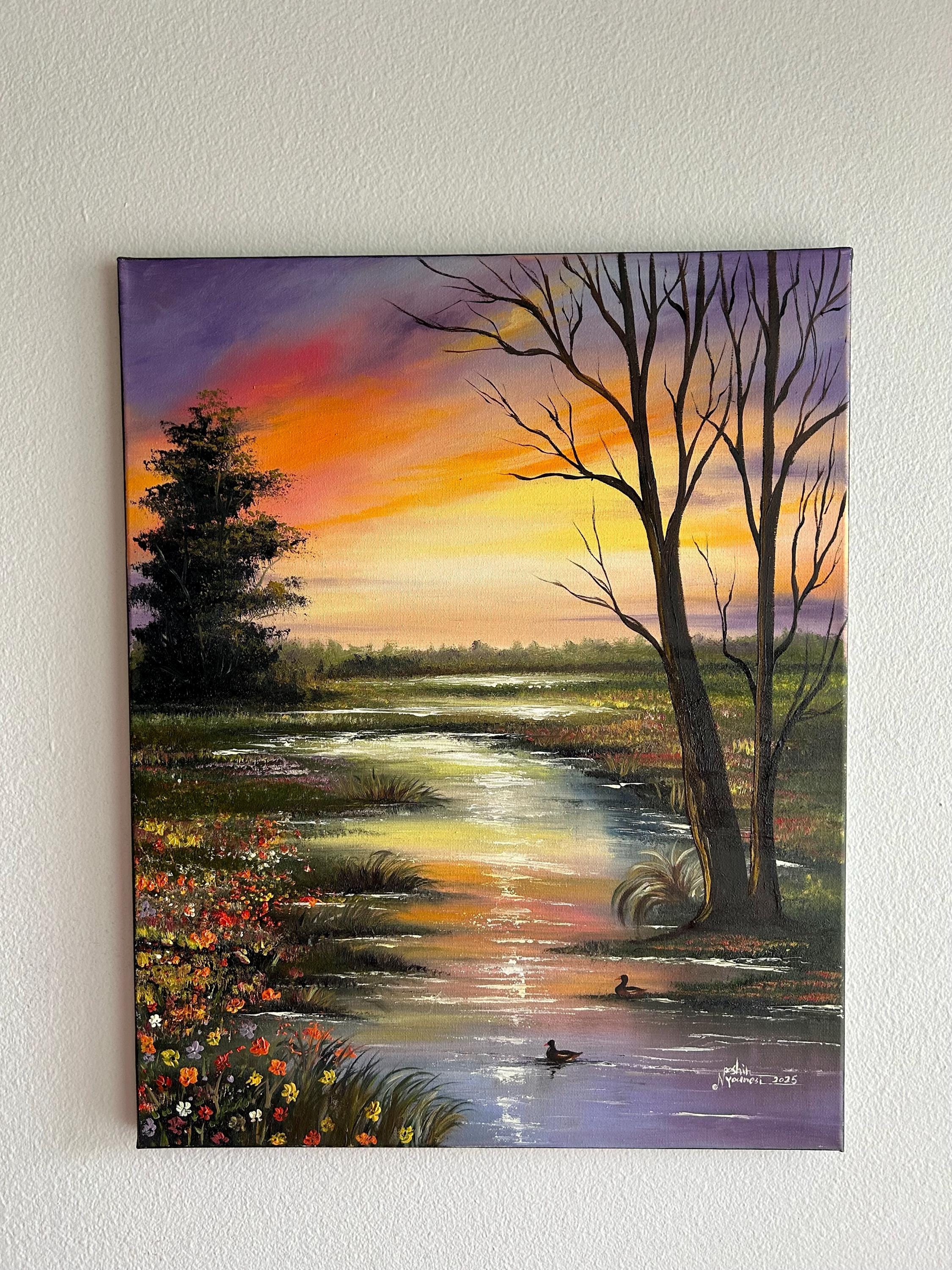 Sunset Landscape Oil Painting on Canvas - 16x20 Hand Painted Wall Art ...