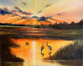 Original Hand-Painted Sunset Oil Painting on Canvas, 20" x 24”
