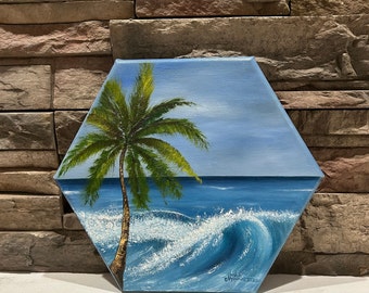 Tropical Seascape Oil Painting: Hand-Painted Palm Tree on Hexagon Canvas