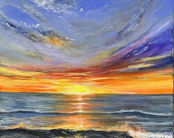 Hand Painted Seascape Acrylic Painting: Sunset Beach Wall Art (12x16)