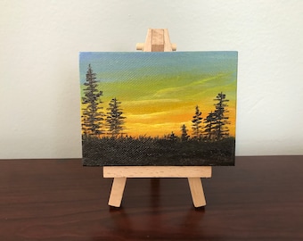 Miniature, Original Acrylic Painting, Sunset, Landscape, Canvas Art, Miniature, Gift, Painting with Easel, Decor