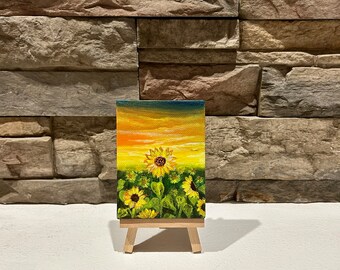 Sunflower Acrylic Painting, Nature, Sunshine Gift, Painting with Easel, Decor, Landscape, Sunset, Miniature, Decor, Sky, 3x4 Painting, Tiny