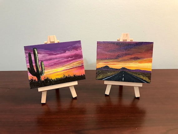 Miniature Painting, Mini Canvas, Sunset, Set of 2 Paintings, Landscape,  3X4, Decor, Canvas Art, Painting With Easel 