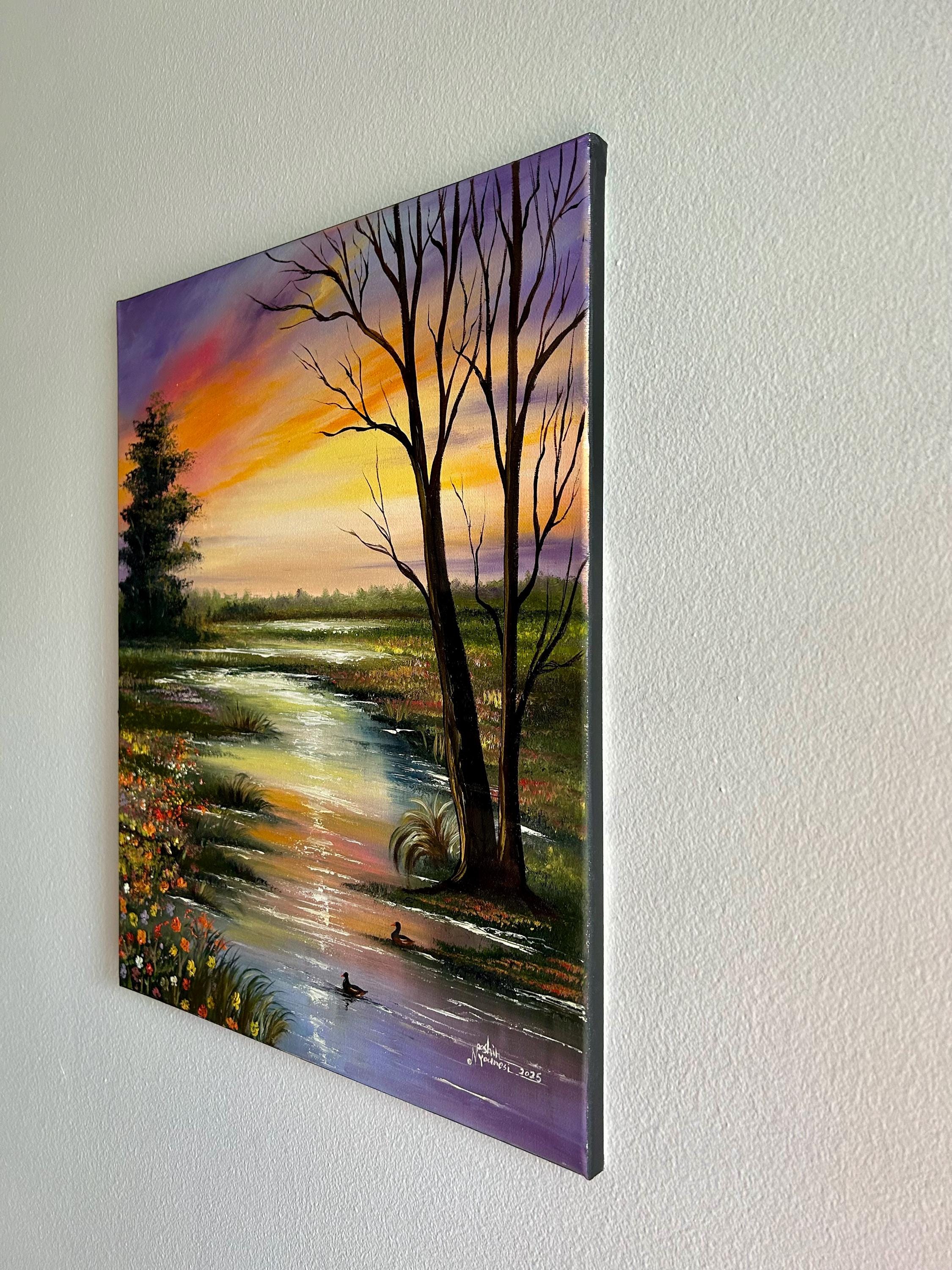 Sunset Landscape Oil Painting on Canvas - 16x20 Hand Painted Wall Art ...
