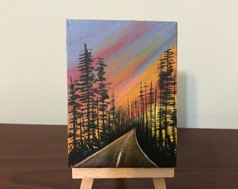 Miniature Painting, Acrylic, Sunset, Landscape, Gift, Mini Painting with Easel, Canvas Art, 3x4
