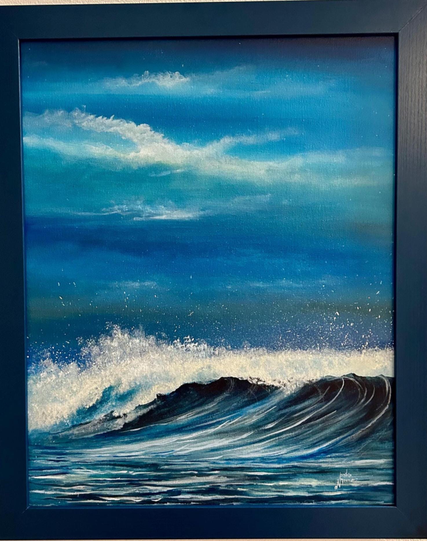 Framed Seascape Painting: Hand Painted Ocean Wave Acrylic Art (16x20)