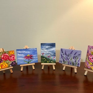 Miniature Flower Acrylic Painting: 3x4 Canvas Art with Easel