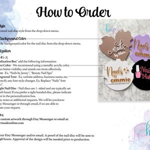 May include: How to order custom nail art discs. Choose from a variety of styles and colors.  The image shows examples of nail art discs with different names and designs.  The text includes instructions for customizing the discs with text, colors, and fonts.