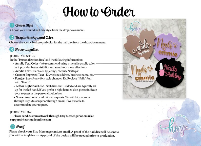 May include: How to order custom nail art discs. Choose from a variety of styles and colors.  The image shows examples of nail art discs with different names and designs.  The text includes instructions for customizing the discs with text, colors, and fonts.